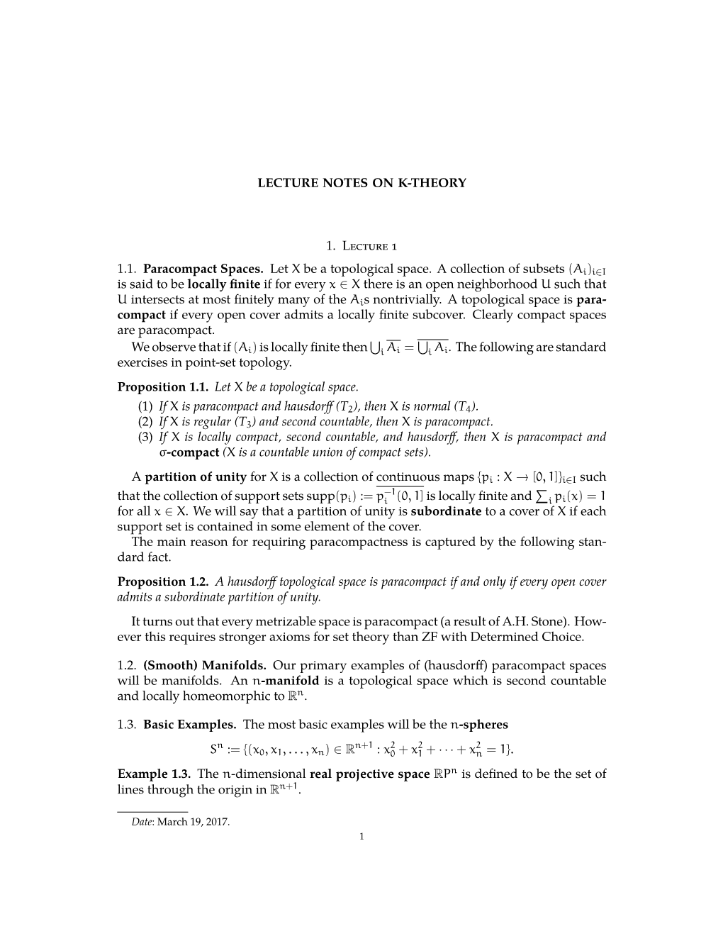 LECTURE NOTES on K-THEORY 1. L 1.1. Paracompact