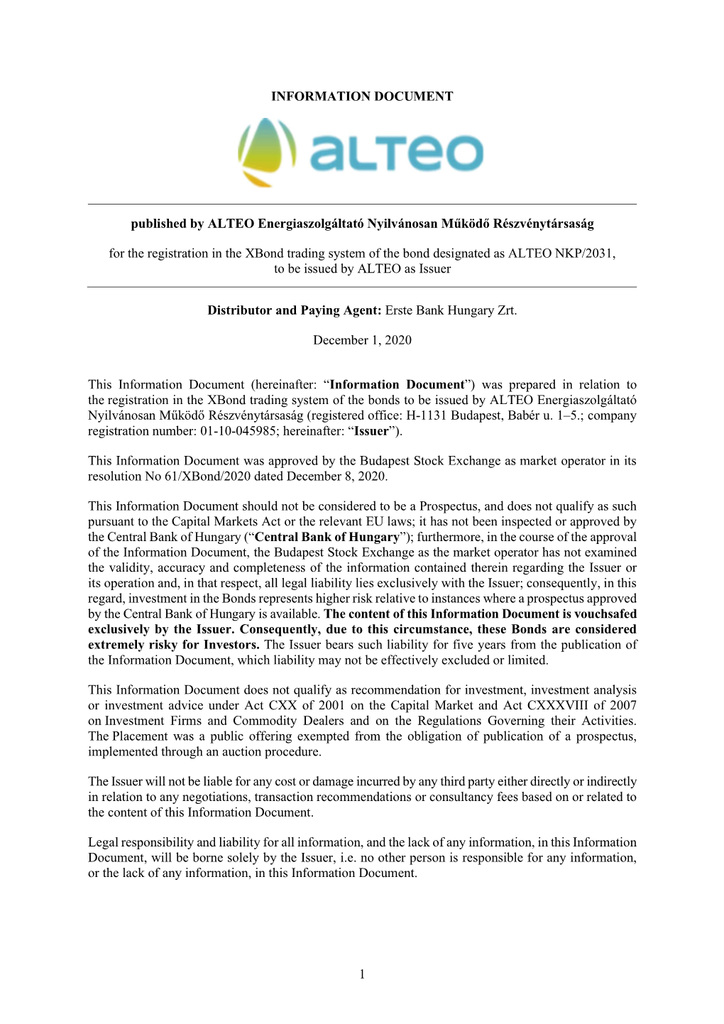 1 INFORMATION DOCUMENT Published by ALTEO