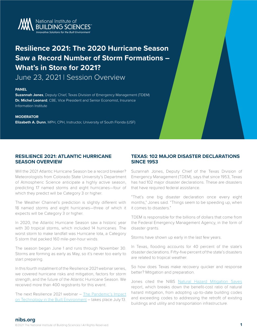 Resilience 2021: the 2020 Hurricane Season Saw a Record Number of Storm Formations – What’S in Store for 2021? June 23, 2021 | Session Overview