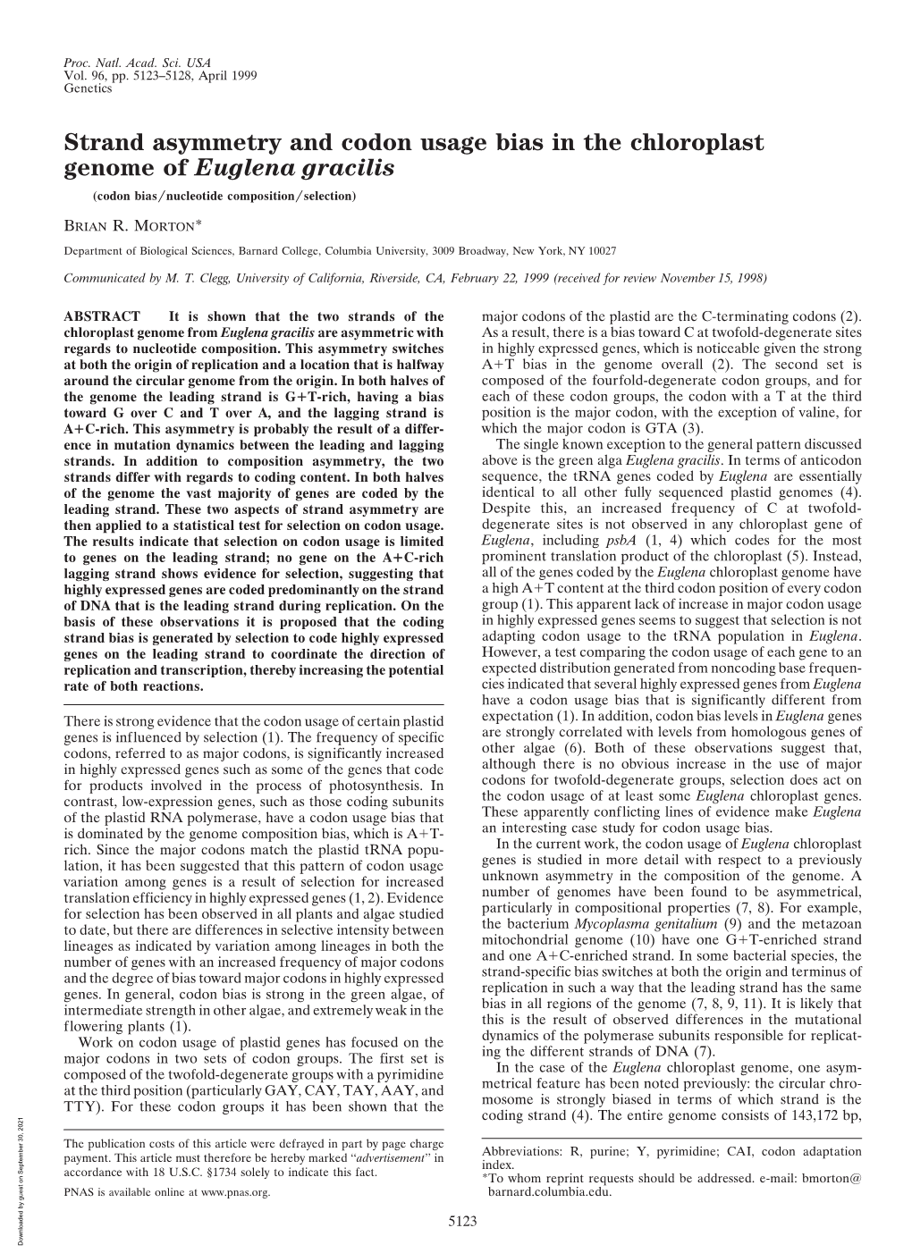 Strand Asymmetry and Codon Usage Bias in the Chloroplast Genome of Euglena Gracilis (Codon Bias͞nucleotide Composition͞selection)