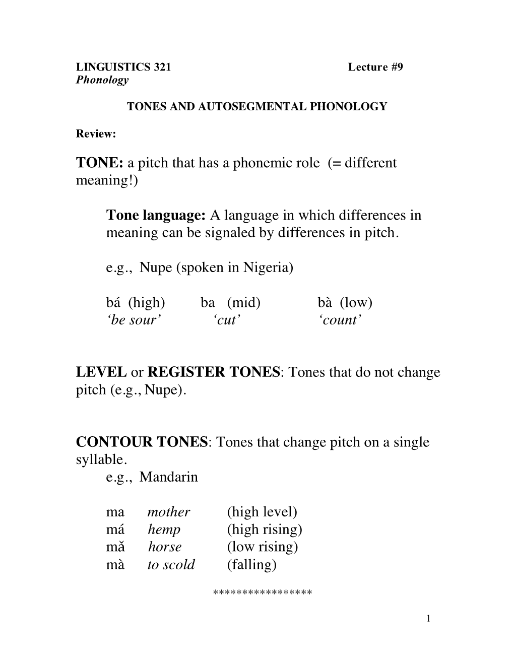 TONE: a Pitch That Has a Phonemic Role (= Different Meaning!) Tone Language: a Language in Which Differences in Meaning Can Be