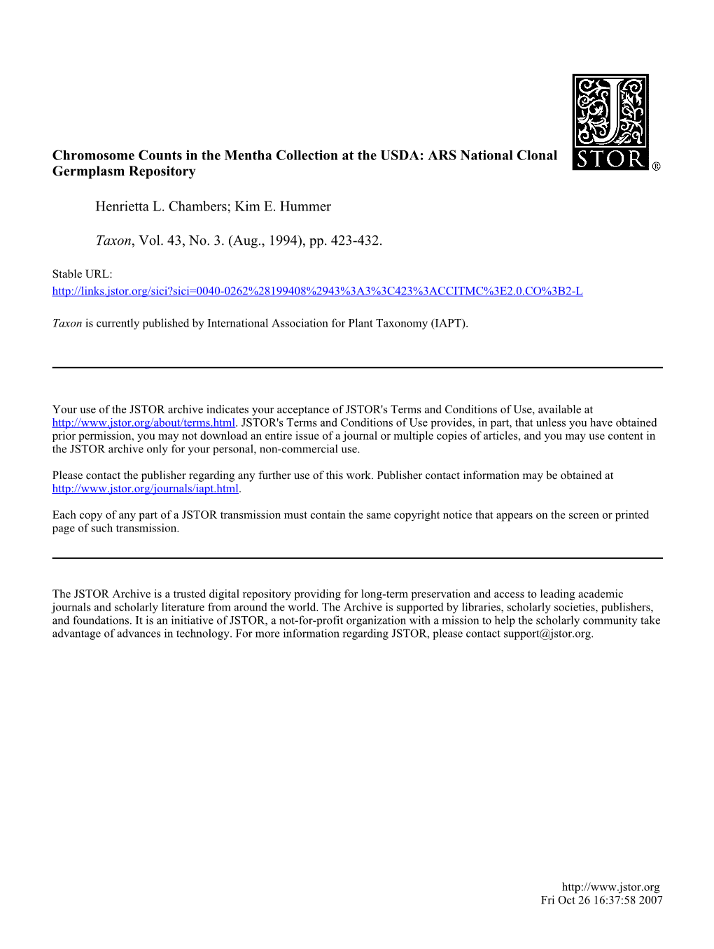 Chromosome Counts in the Mentha Collection at the USDA: ARS National Clonal Germplasm Repository