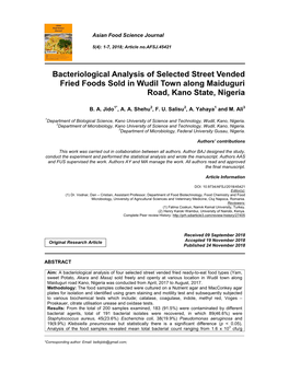 Bacteriological Analysis of Selected Street Vended Fried Foods Sold in Wudil Town Along Maiduguri Road, Kano State, Nigeria