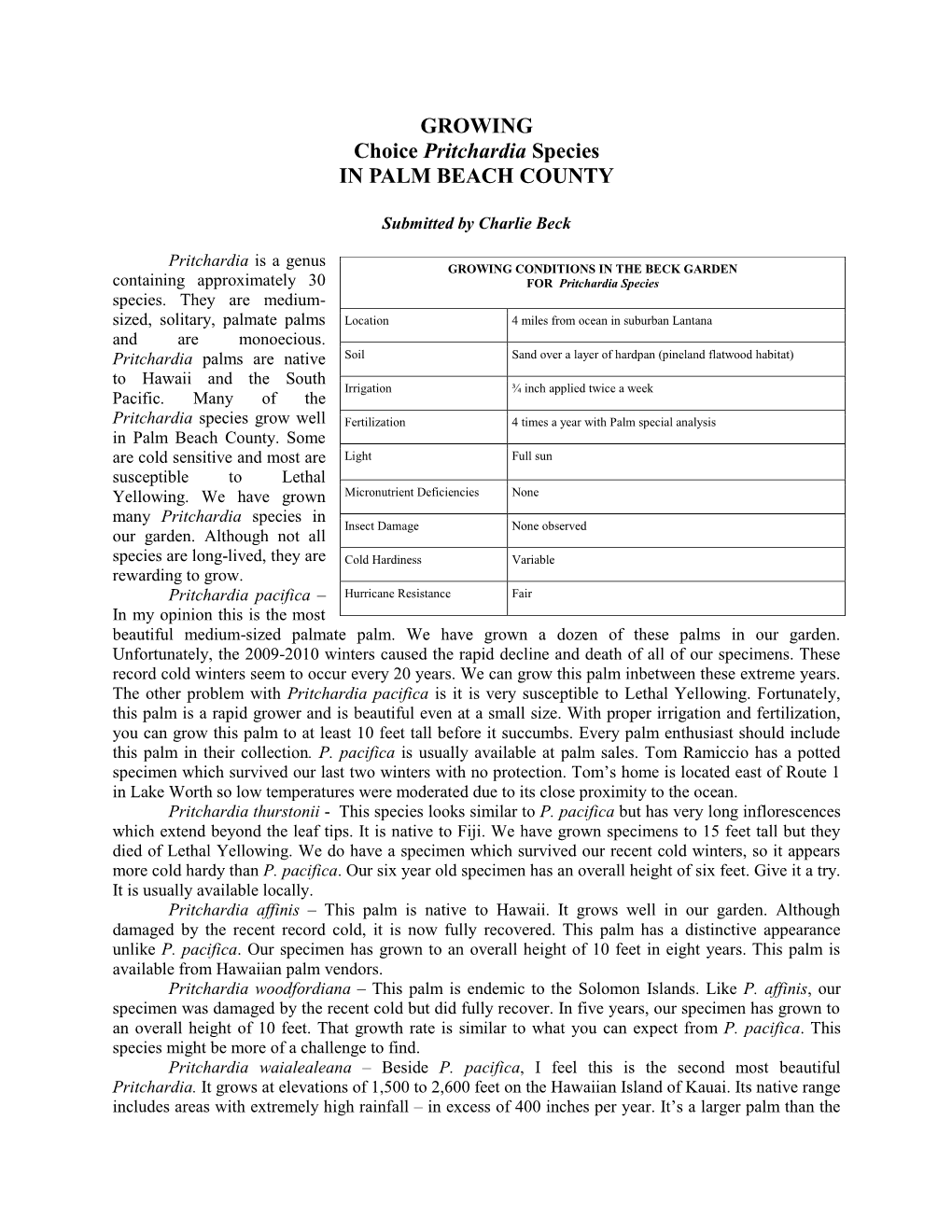 GROWING Choice Pritchardia Species in PALM BEACH COUNTY