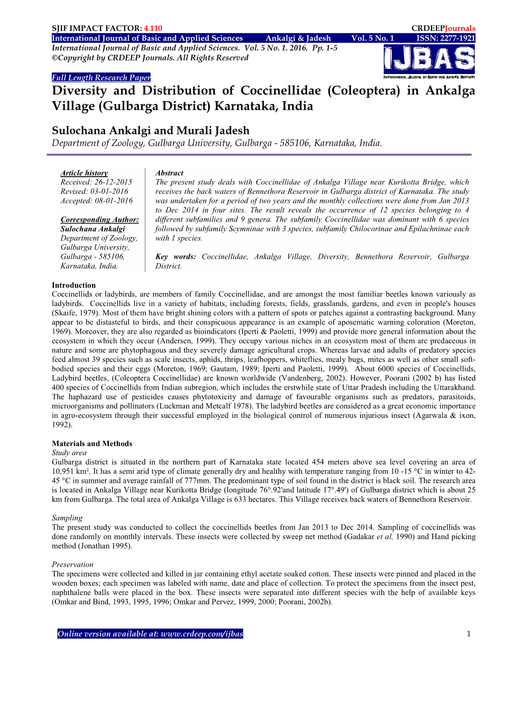 Diversity and Distribution of Coccinellidae (Coleoptera) in Ankalga Village (Gulbarga District) Karnataka, India