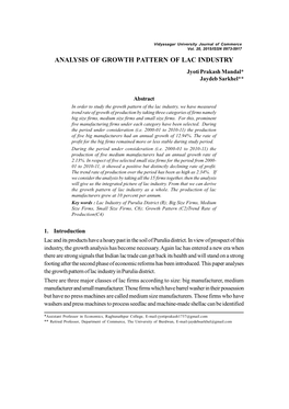 ANALYSIS of GROWTH PATTERN of LAC INDUSTRY Jyoti Prakash Mandal* Jaydeb Sarkhel**