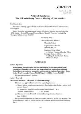Notice of Resolutions the 115Th Ordinary General Meeting of Shareholders