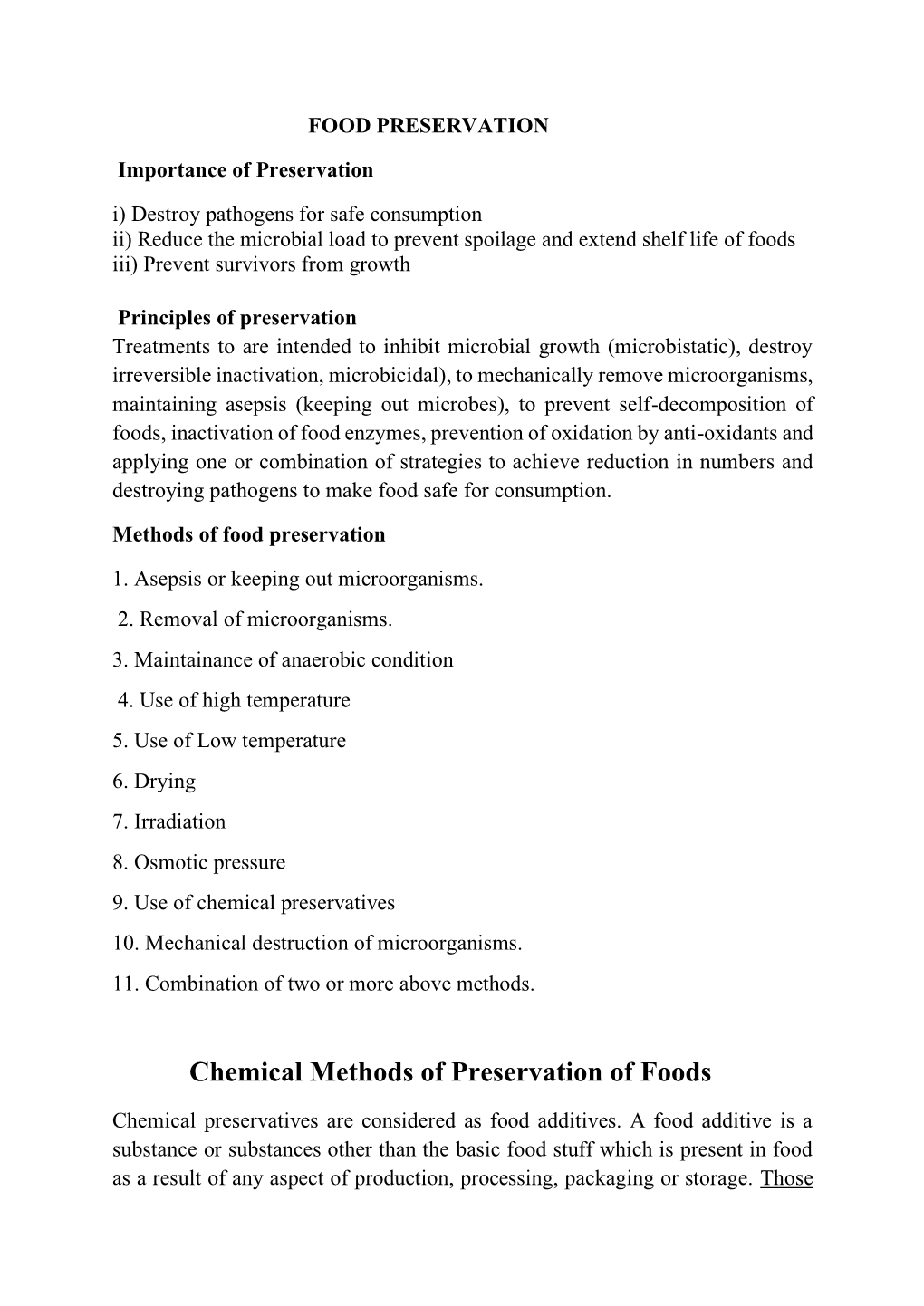 Chemical Methods of Preservation of Foods