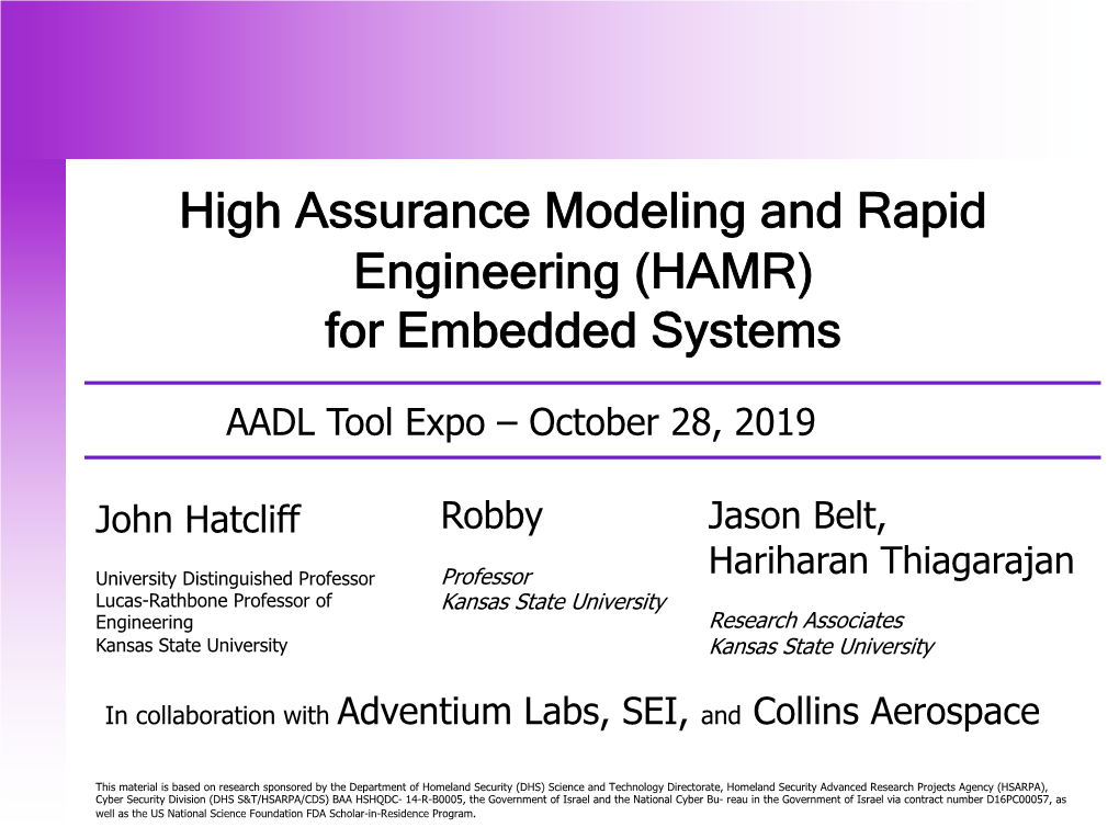 High Assurance Modeling and Rapid Engineering (HAMR) for Embedded Systems