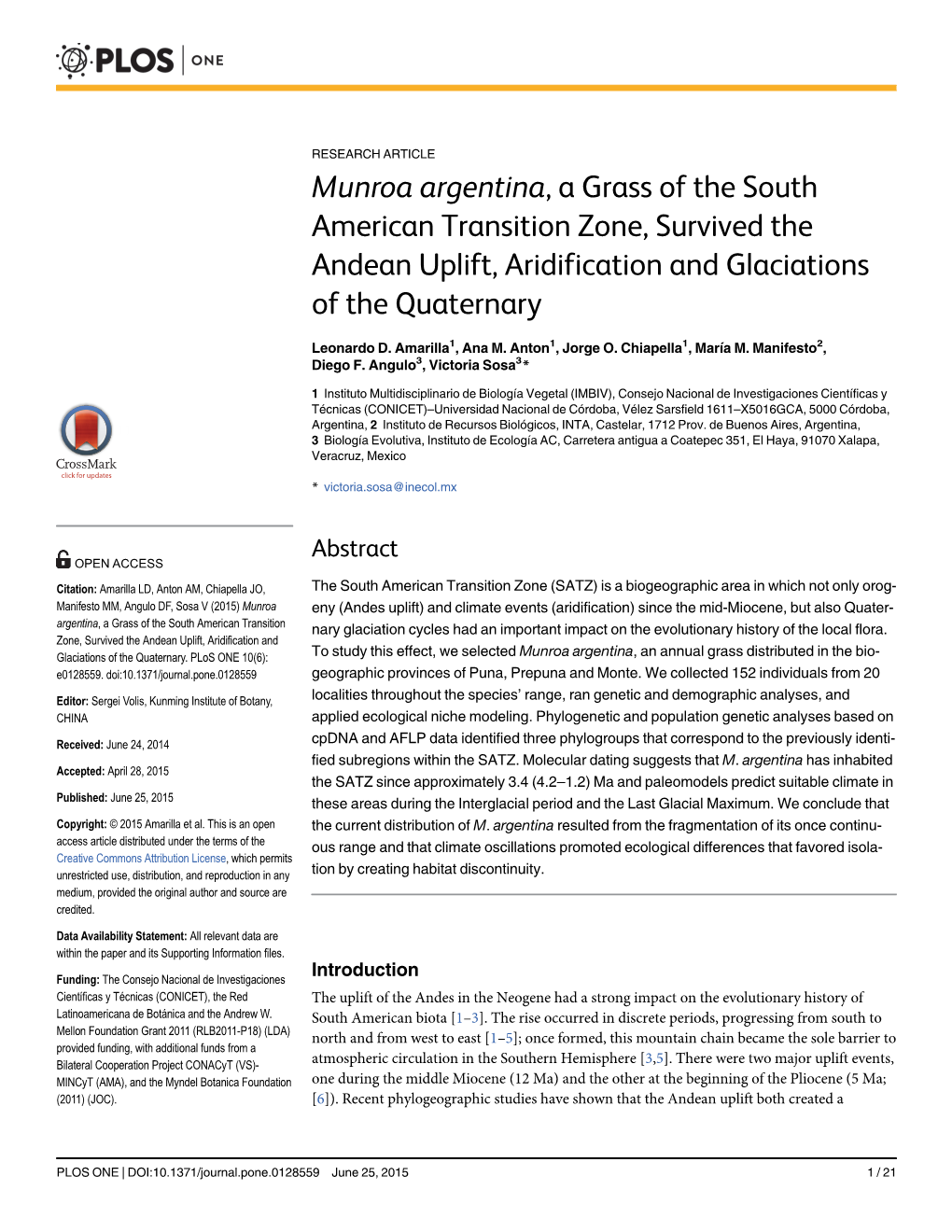 Munroa Argentina, a Grass of the South American Transition Zone, Survived the Andean Uplift, Aridification and Glaciations of the Quaternary