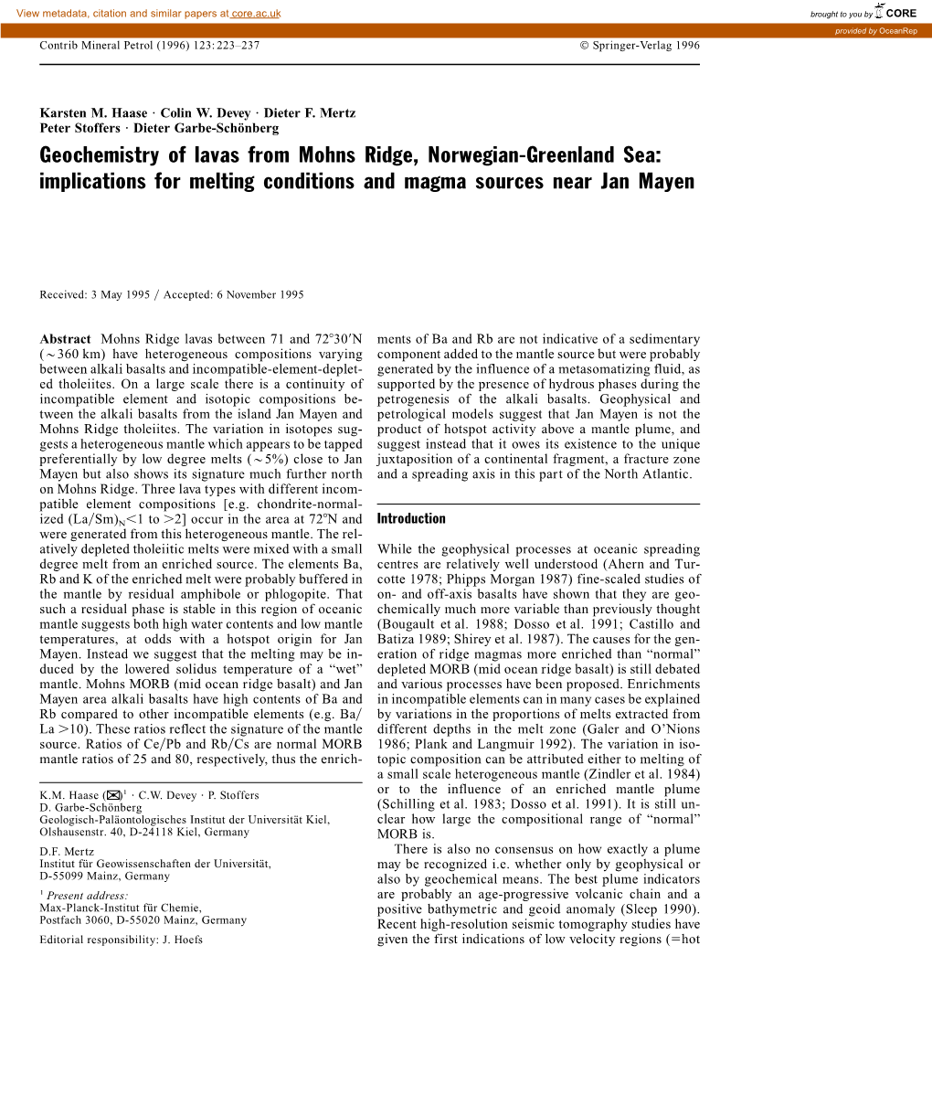 Geochemistry of Lavas from Mohns Ridge, Norwegian-Greenland Sea: Implications for Melting Conditions and Magma Sources Near Jan Mayen