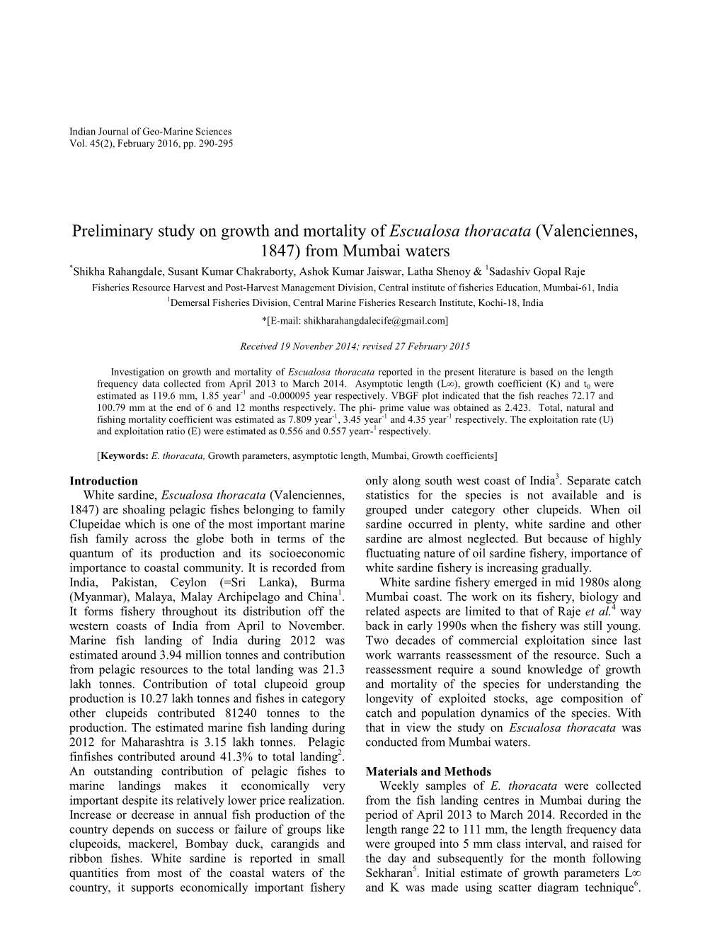 Preliminary Study on Growth and Mortality of Escualosa