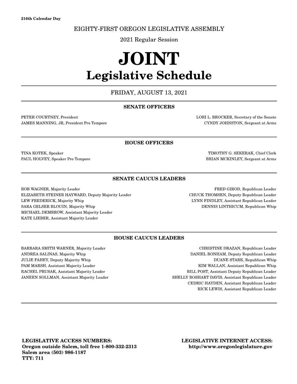 Legislative Schedule