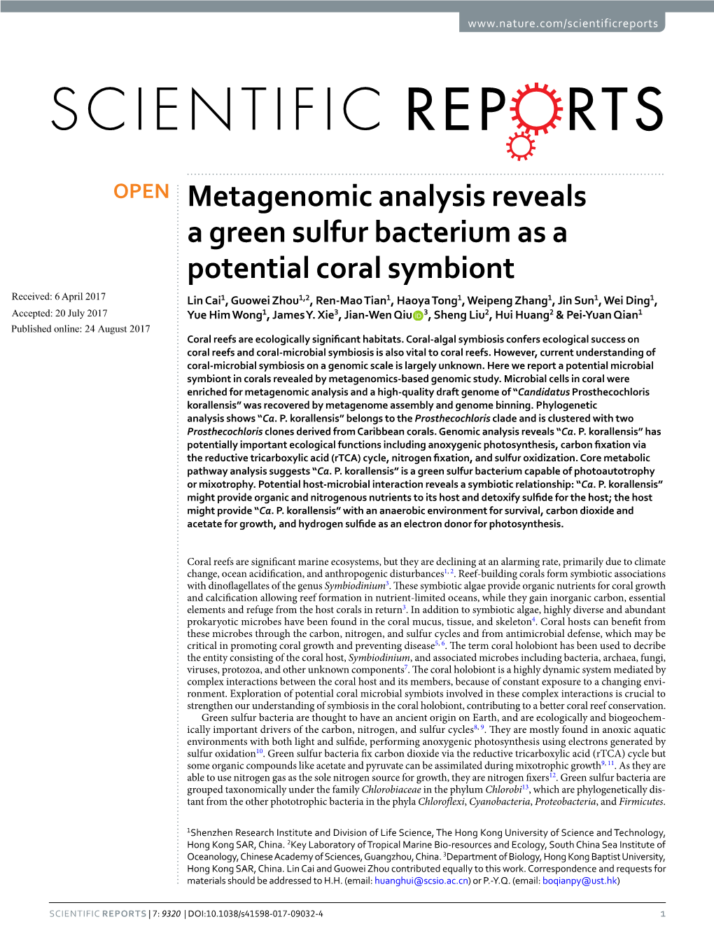 Metagenomic Analysis Reveals a Green Sulfur Bacterium As a Potential Coral Symbiont