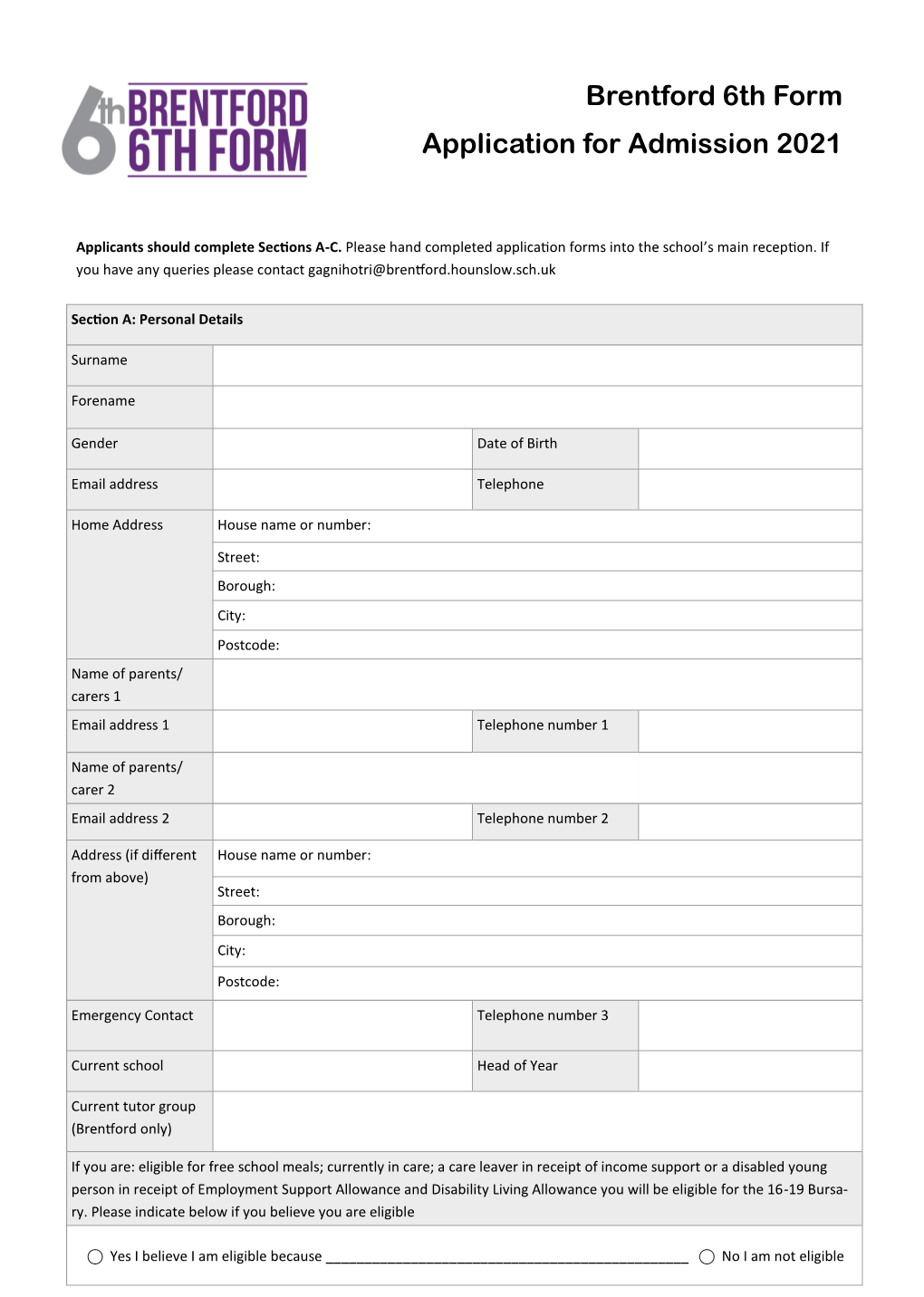 Brentford 6Th Form Application for Admission 2021