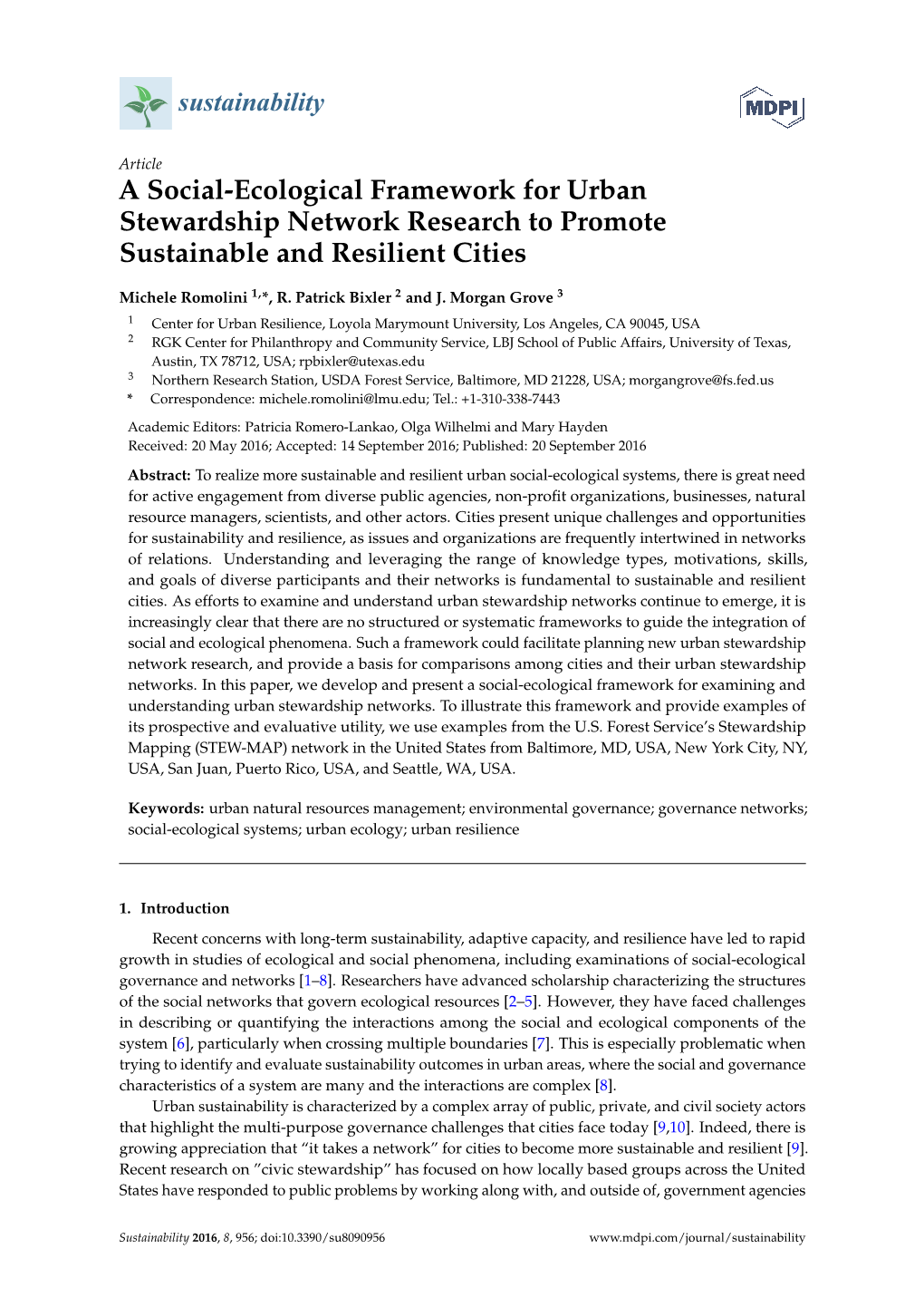 A Social-Ecological Framework for Urban Stewardship Network Research to Promote Sustainable and Resilient Cities