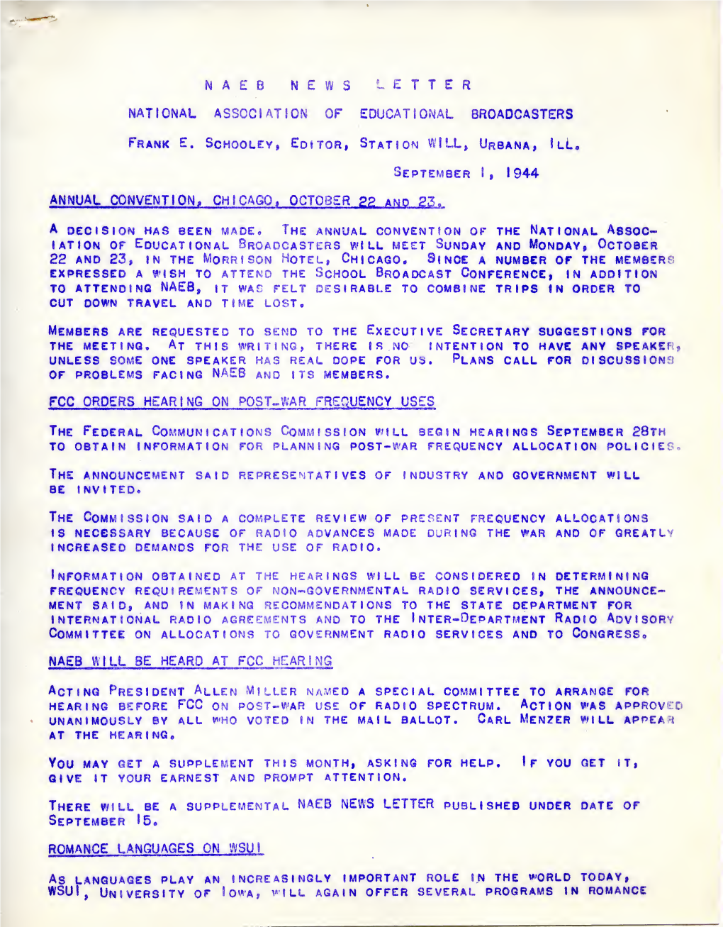 NAEB Newsletter (September 01, 1944)