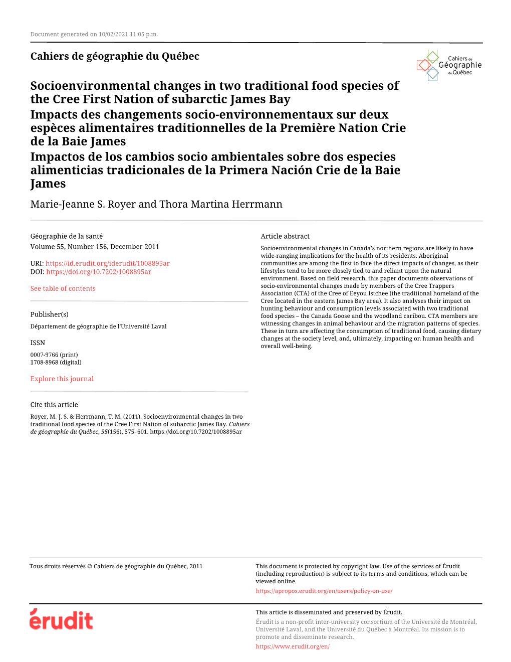 Socioenvironmental Changes in Two Traditional Food Species of the Cree