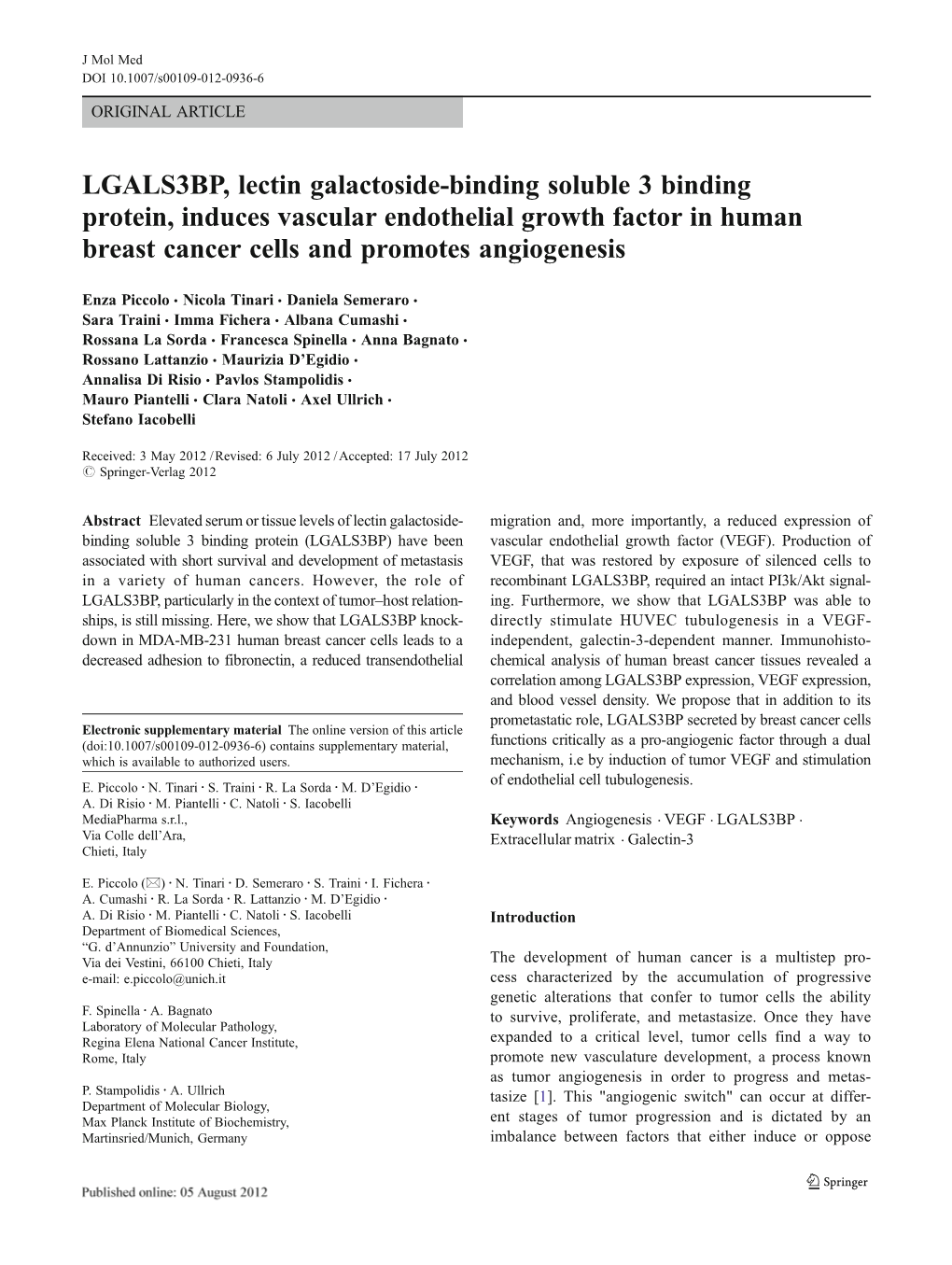 LGALS3BP, Lectin Galactoside-Binding Soluble 3 Binding Protein, Induces Vascular Endothelial Growth Factor in Human Breast Cancer Cells and Promotes Angiogenesis