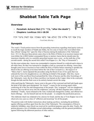 Shabbat Table Talk for Acharei