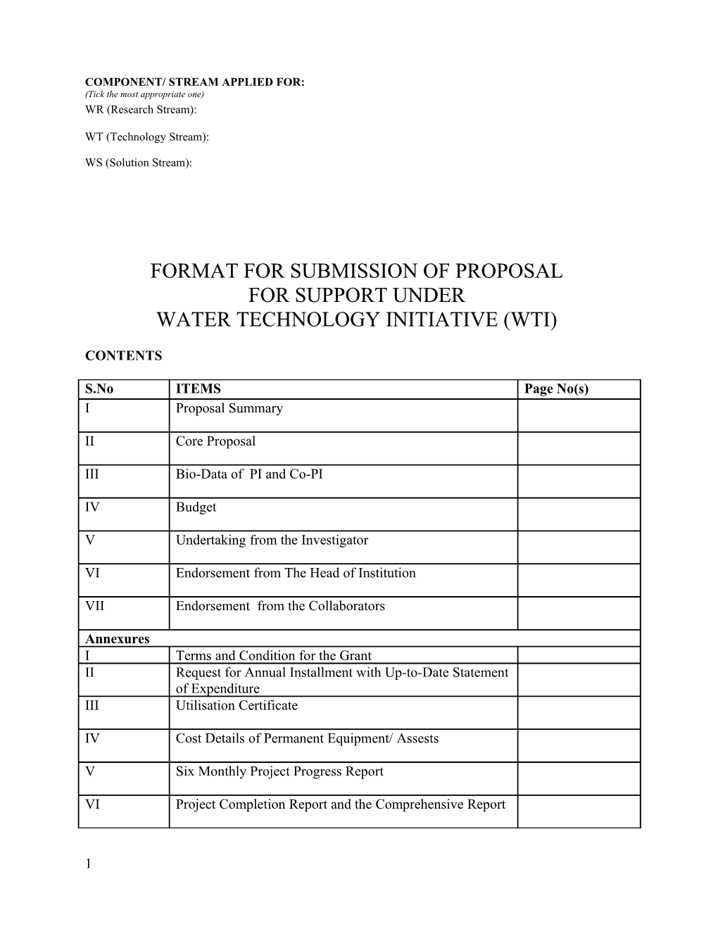 Format for Submission of Research Proposal for Support Under Joint Technology Programme