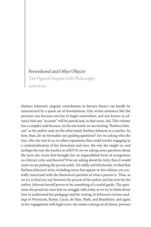 Personhood and Other Objects the Figural Dispute with Philosophy Judith Butler