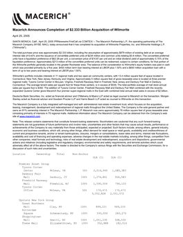 Macerich Announces Completion of $2.333 Billion Acquisition of Wilmorite