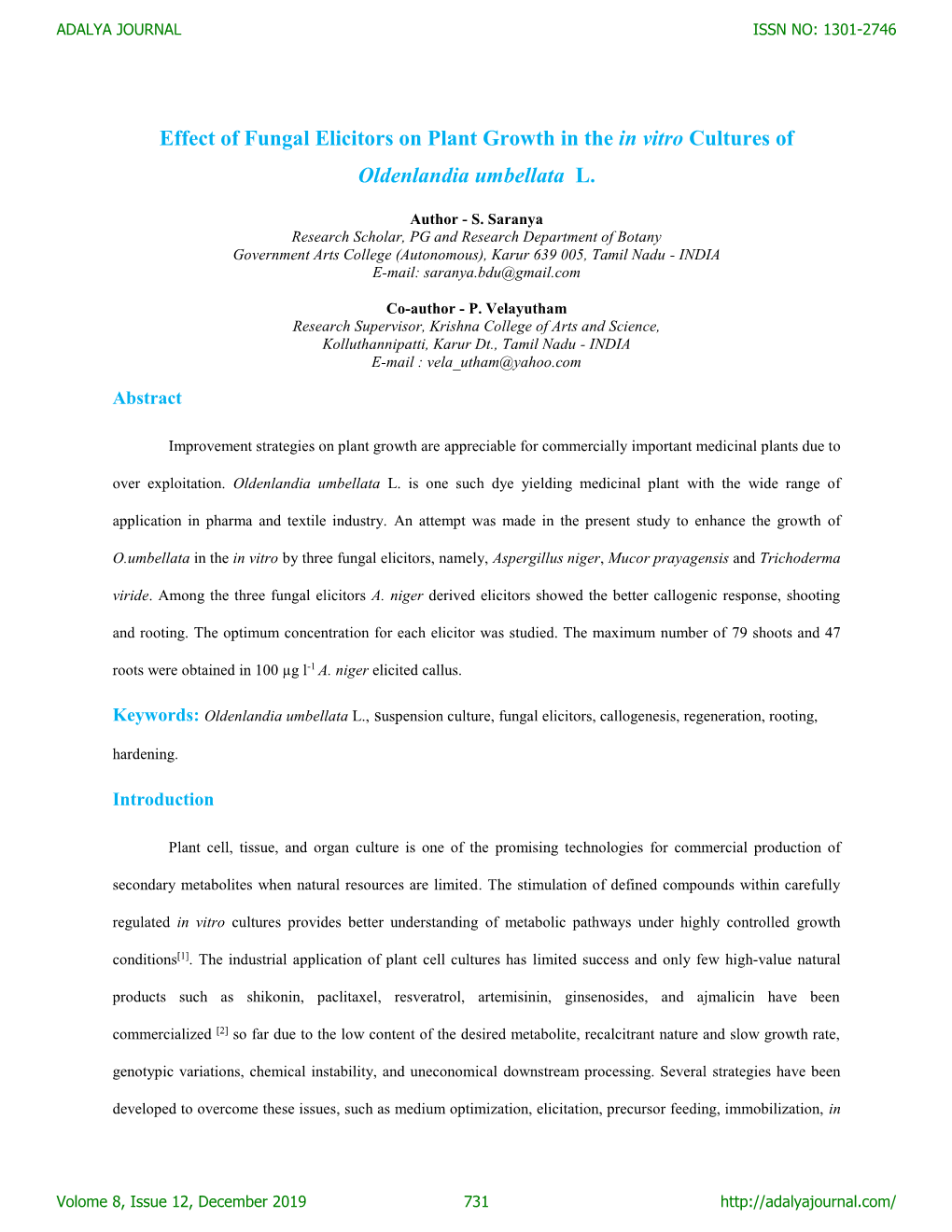 Effect of Fungal Elicitors on Plant Growth in the in Vitro Cultures of Oldenlandia Umbellata L