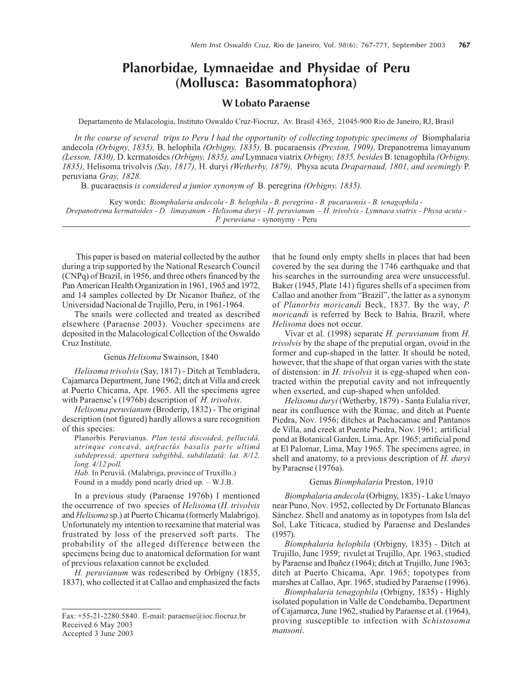 Planorbidae, Lymnaeidae and Physidae of Peru (Mollusca: Basommatophora) W Lobato Paraense