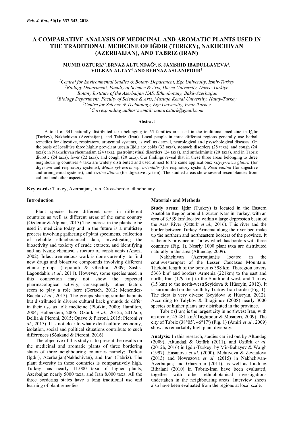A Comparative Analysis of Medicinal and Aromatic Plants Used in the Traditional Medicine of Iğdir (Turkey), Nakhchivan (Azerbaijan), and Tabriz (Iran)