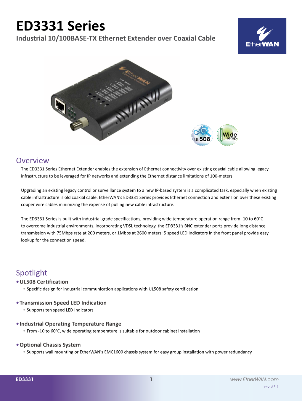 ED3331 Series Industrial 10/100BASE-TX Ethernet Extender Over Coaxial Cable