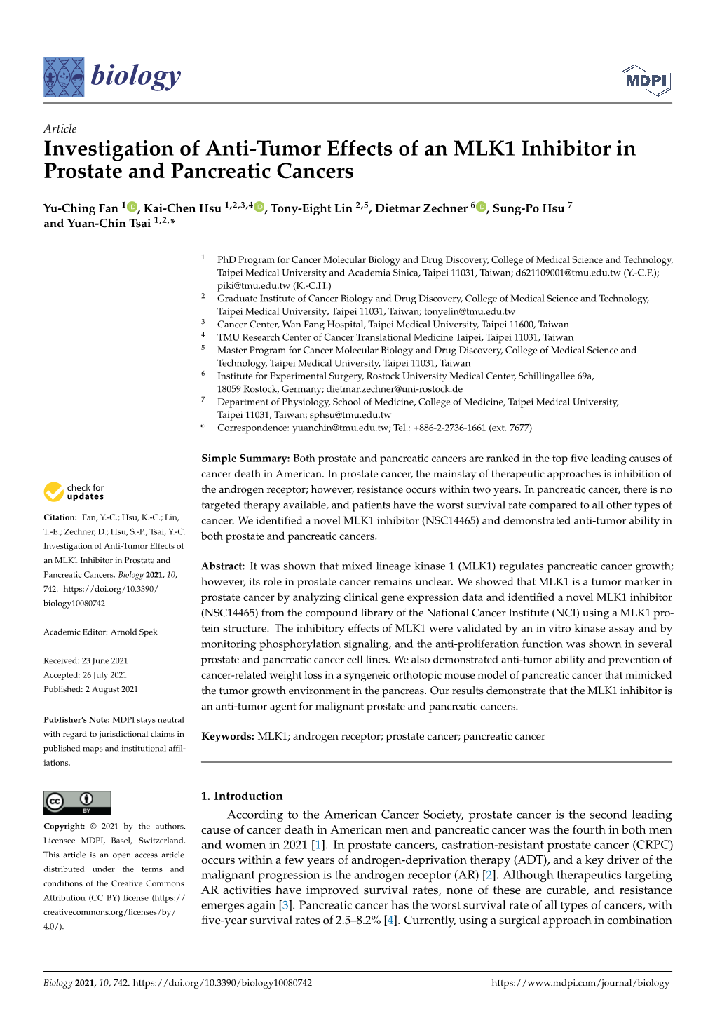 Investigation of Anti-Tumor Effects of an MLK1 Inhibitor in Prostate and Pancreatic Cancers