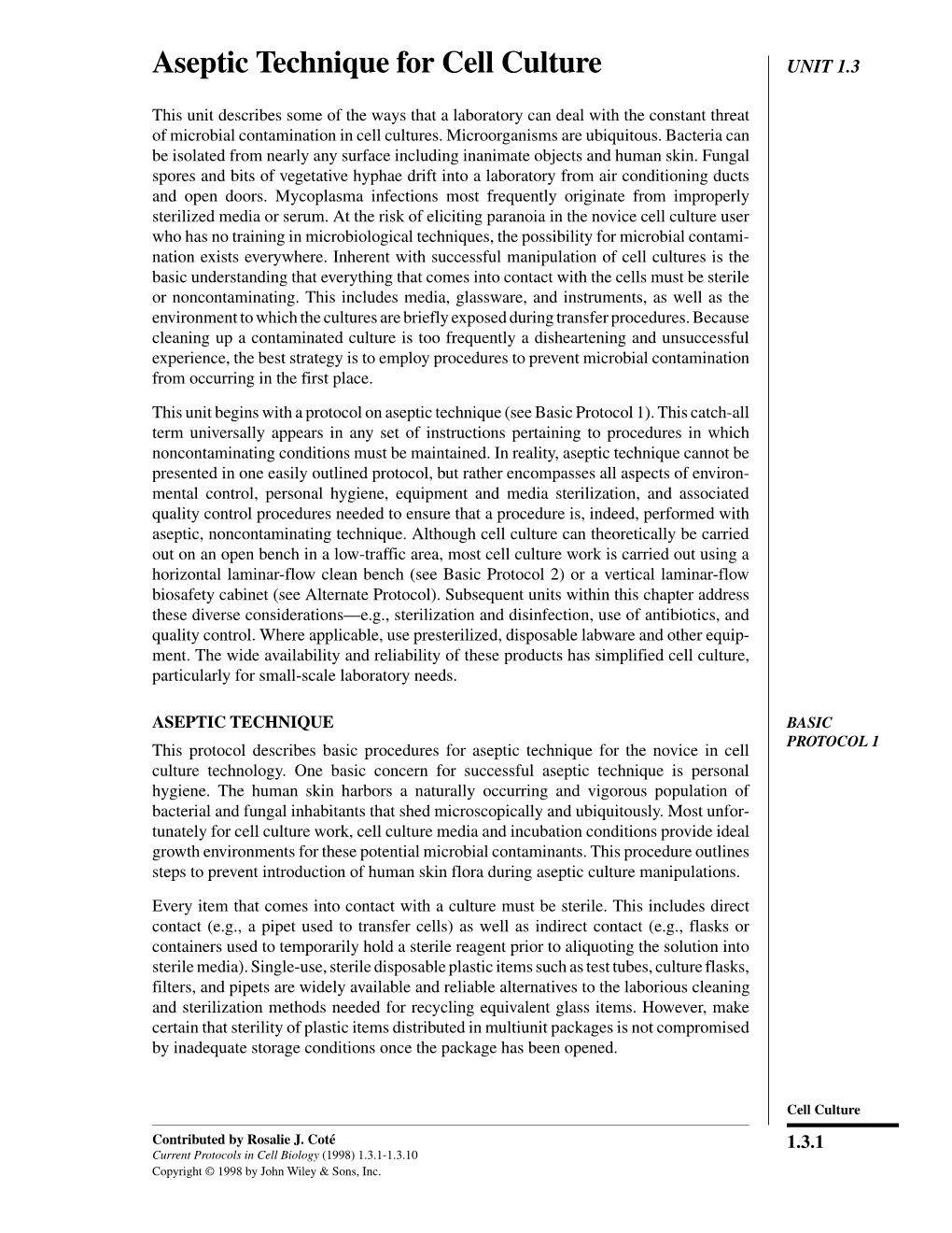 Aseptic Technique for Cell Culture UNIT 1.3