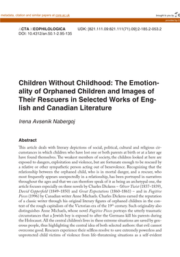 Children Without Childhood: the Emotion- Ality of Orphaned Children and Images of Their Rescuers in Selected Works of Eng- Lish and Canadian Literature