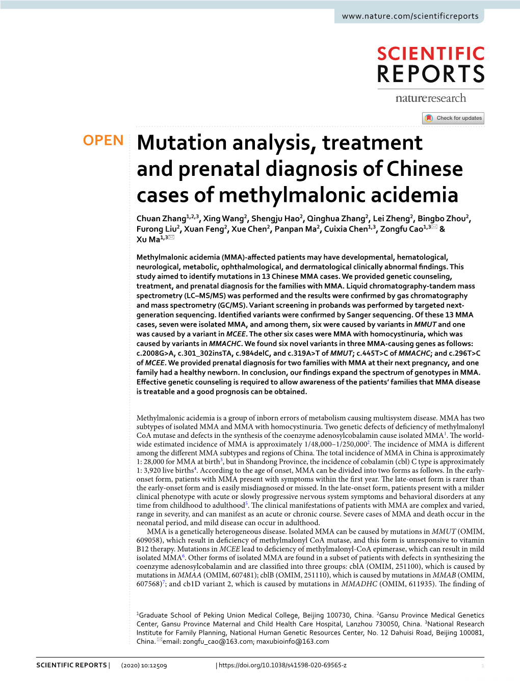 Mutation Analysis, Treatment and Prenatal Diagnosis of Chinese