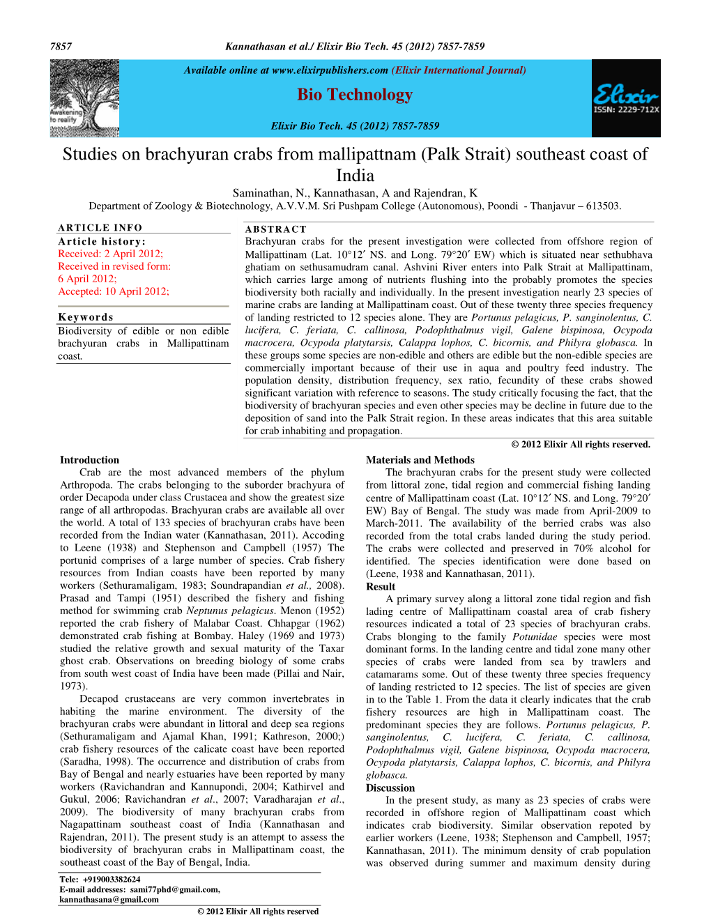 Studies on Brachyuran Crabs from Mallipattnam (Palk Strait) Southeast