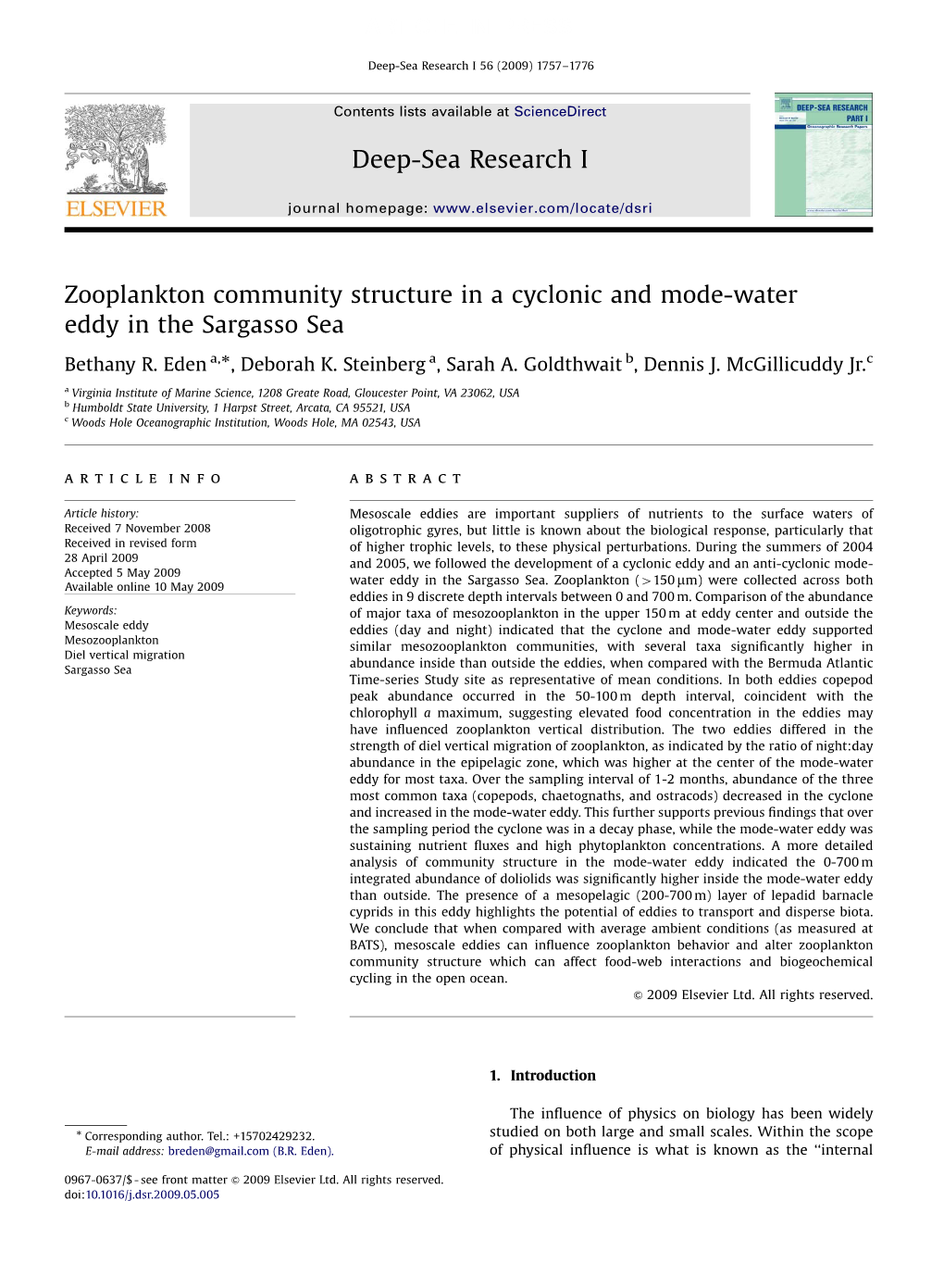 Zooplankton Community Structure in a Cyclonic and Mode-Water Eddy in the Sargasso Sea