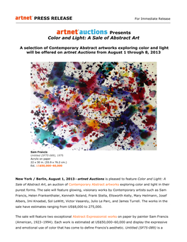 Artnet Auctions Presents Color and Light: a Sale of Abstract