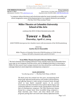 Tower + Bach Thursday, April 17, 2014