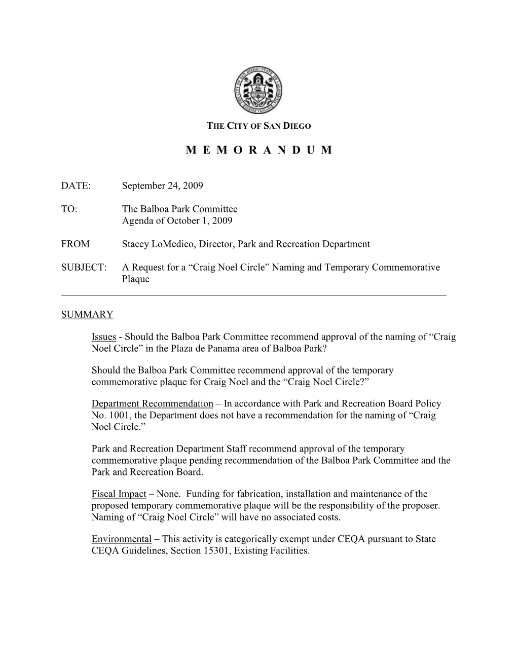 City of San Diego Memorandum