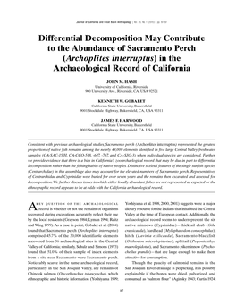(Archoplites Interruptus) in the Archaeological Record of California