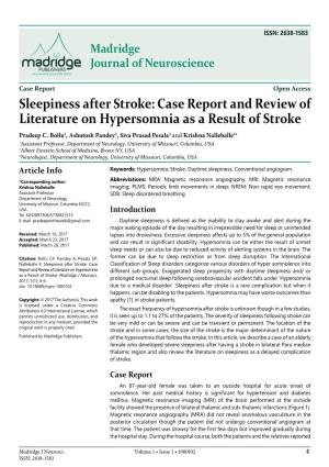 Case Report and Review of Literature on Hypersomnia As a Result of Stroke Pradeep C