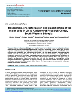Description, Characterization and Classification of the Major Soils in Jinka Agricultural Research Center, South Western Ethiopia