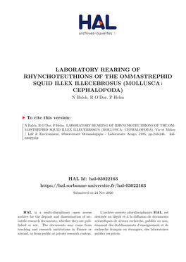 LABORATORY REARING of RHYNCHOTEUTHIONS of the OMMASTREPHID SQUID ILLEX ILLECEBROSUS (MOLLUSCA : CEPHALOPODA) N Balch, R O’Dor, P Helm