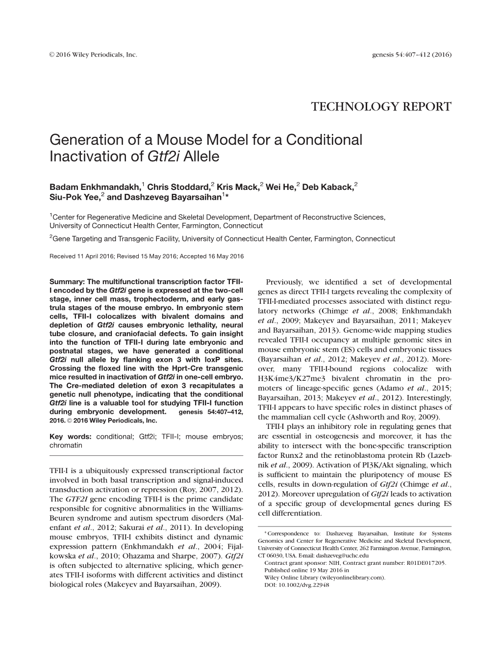 Generation of a Mouse Model for a Conditional Inactivation of Gtf2i Allele