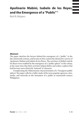 Apolinario Mabini, Isabelo De Los Reyes, and the Emergence of a “Public” 1 Resil B