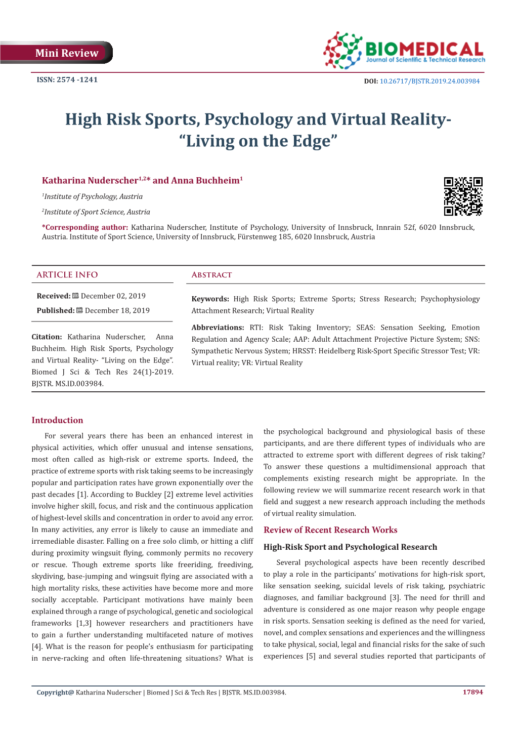 High Risk Sports, Psychology and Virtual Reality- “Living on the Edge”