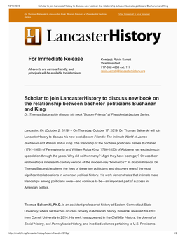 Scholar to Join Lancasterhistory to Discuss New Book on the Relationship Between Bachelor Politicians Buchanan and King