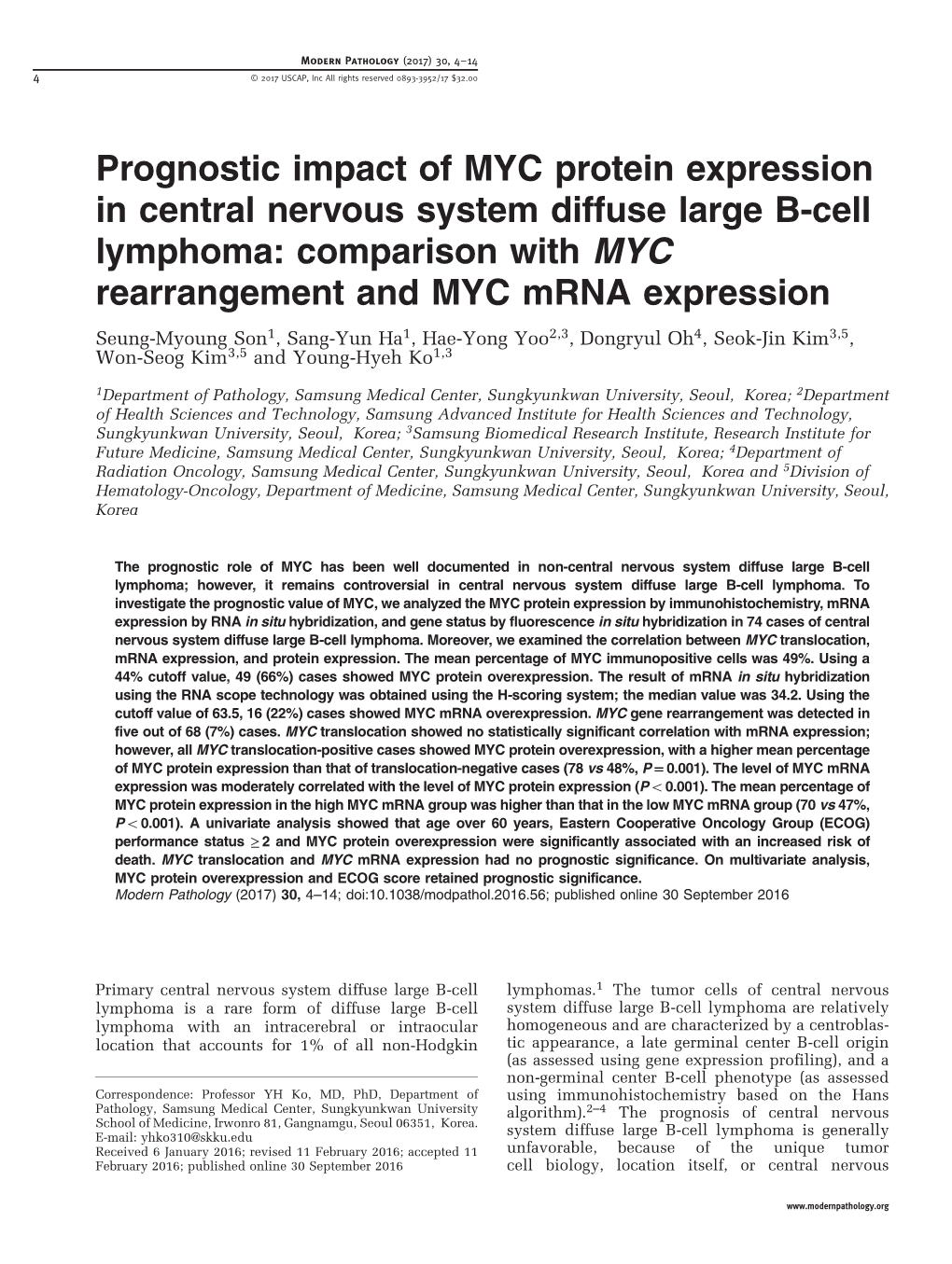 Prognostic Impact of MYC Protein Expression in Central