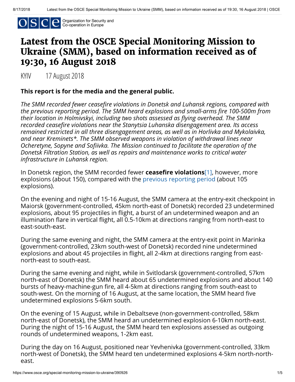 Latest from the OSCE Special Monitoring Mission to Ukraine (SMM), Based on Information Received As of 19:30, 16 August 2018 | OSCE